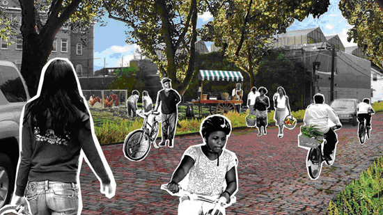 Illustration of pedestrians and cyclists sharing a cobblestone walkway