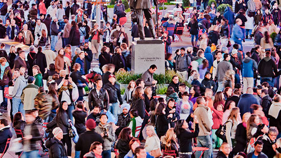 A crowd massed in a public square