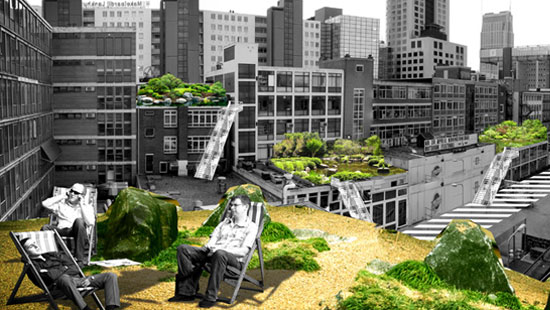 Illustration of people making use of green roofs
