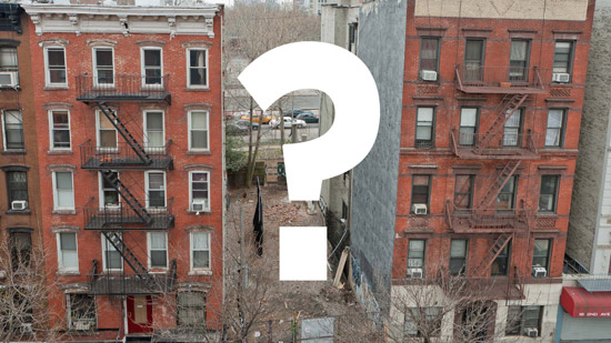 Illustration of the vacant lot where the NY Lab took place, with a question mark superimposed over it