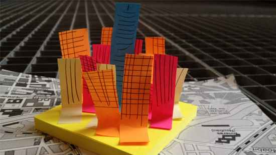 Skyscrapes constructed of Post It notes