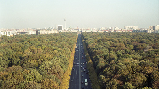 A road cutting though a forest toward a city