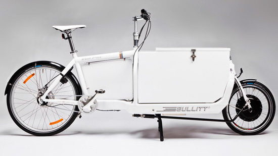 A fully-equipped, white cargobike