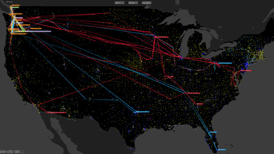 Illustration of interconnectivity between cities in North America