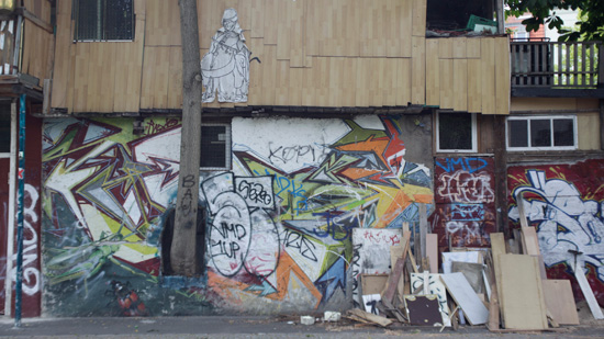 A graffitied facade