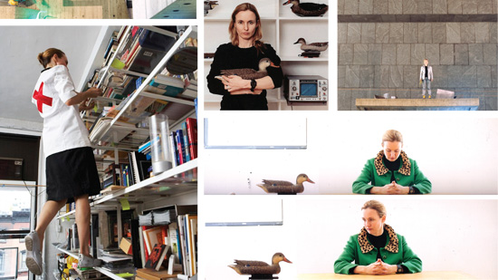Photographs of woman cleaning an apartment and arranging a duck decoy
